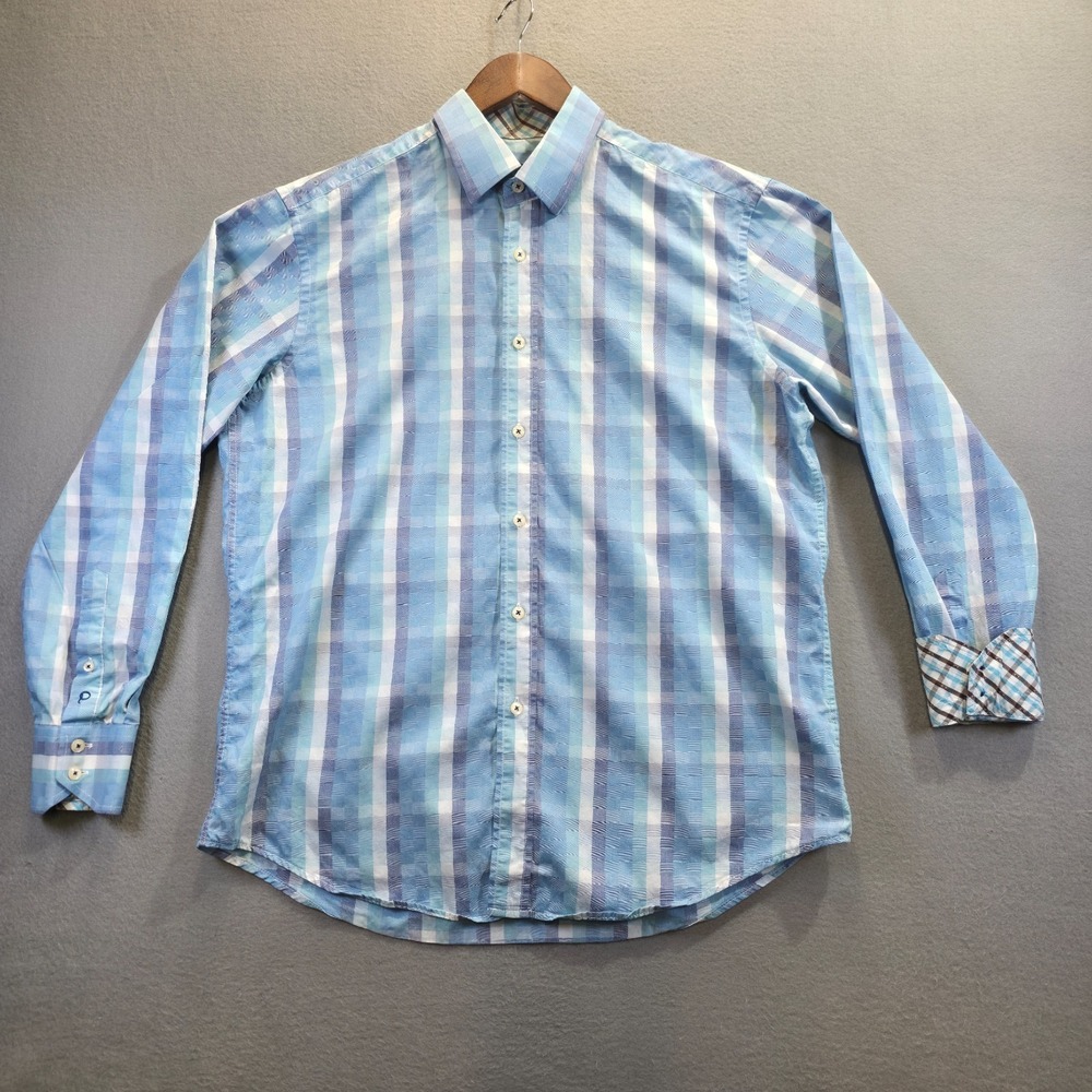 Quieti Men's Blue‎ Plaid Long Sleeve Button Up Flip Cuff Shirt Size Large